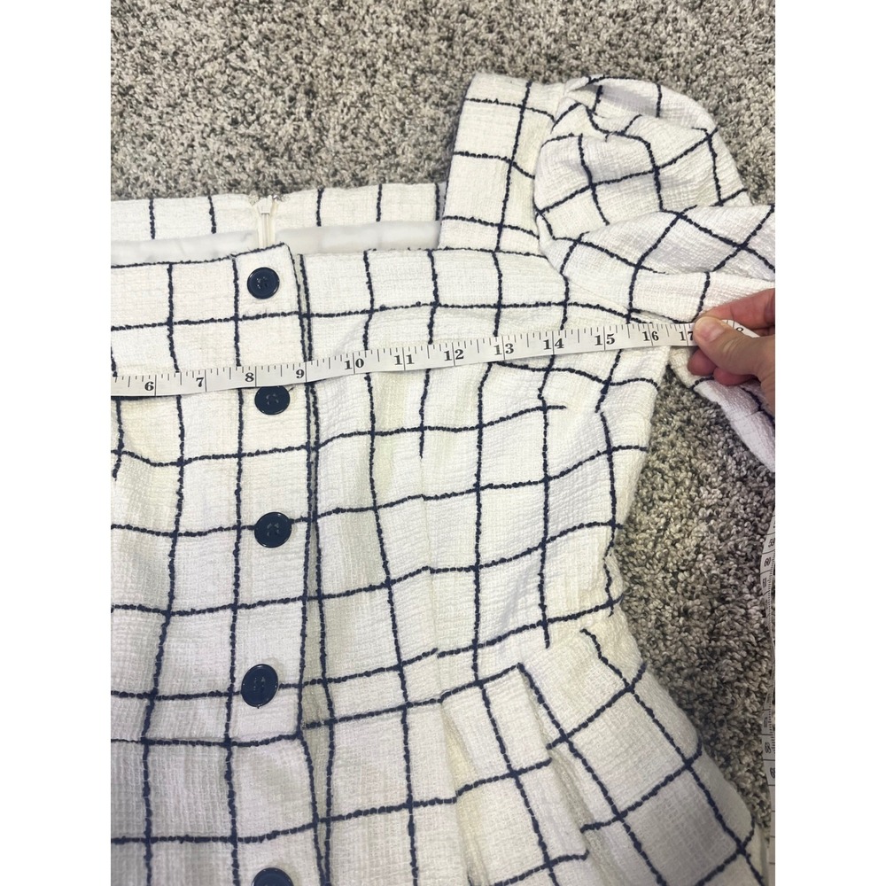 Gal‎ Meets Glam White Black Grid Square Neck Puff Sleeve Dress 2 Pockets Classy - Picture 10 of 13